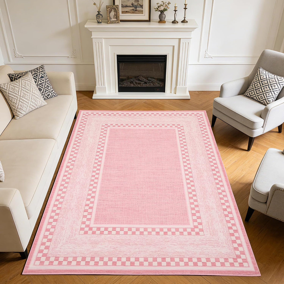 Area Rug, No Slip Washable, Modern Checkered Pattern Area Rug, Low-Pile Design Rug, Under Bed Carpet, Bedroom
