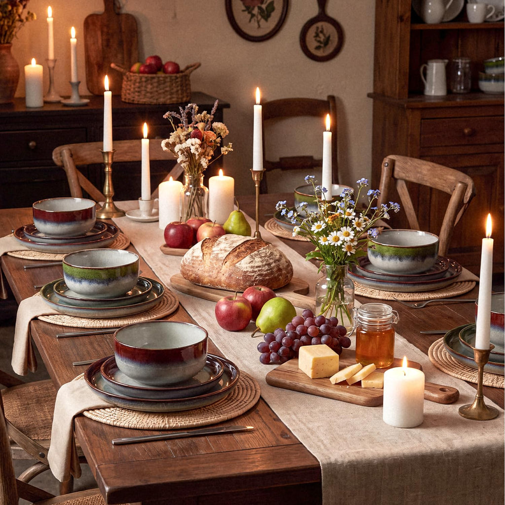 Dinnerware Set for 6, Red Reactive Glaze Plates and Bowls Sets