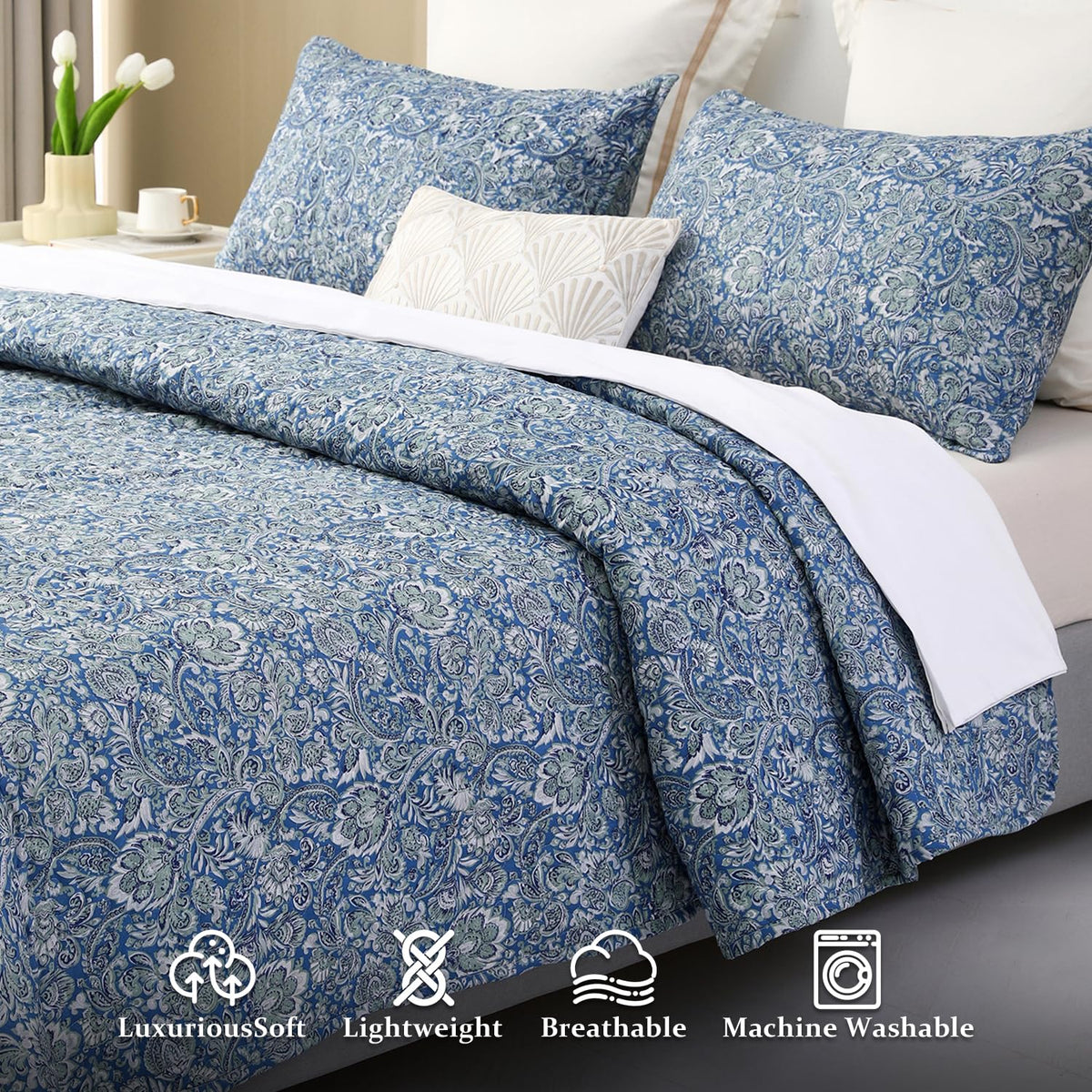 Quilt Set Queen Size 3Pcs, Soft Microfiber Lightweight Bedspread, Blue & Green Paisley Floral Geometric Pattern