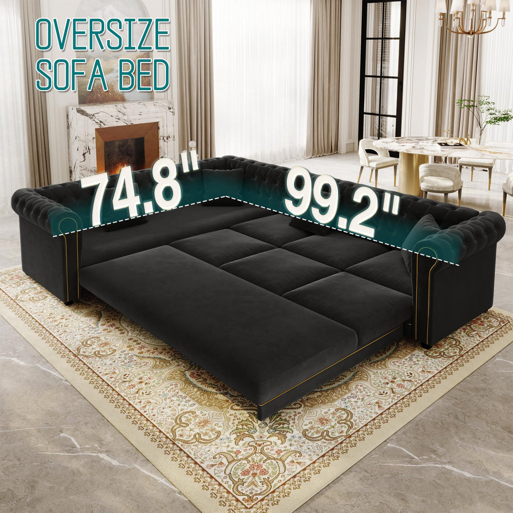 Sectional Sleeper Sofa, 115.3" L-Shaped Couch with Pull Out Couch, Black