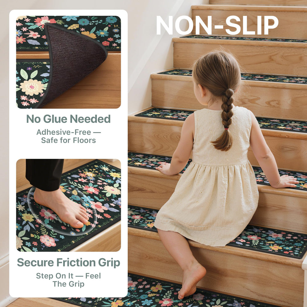 8"x30" Non Slip for Wooden Steps 15 Pack, Black Floral