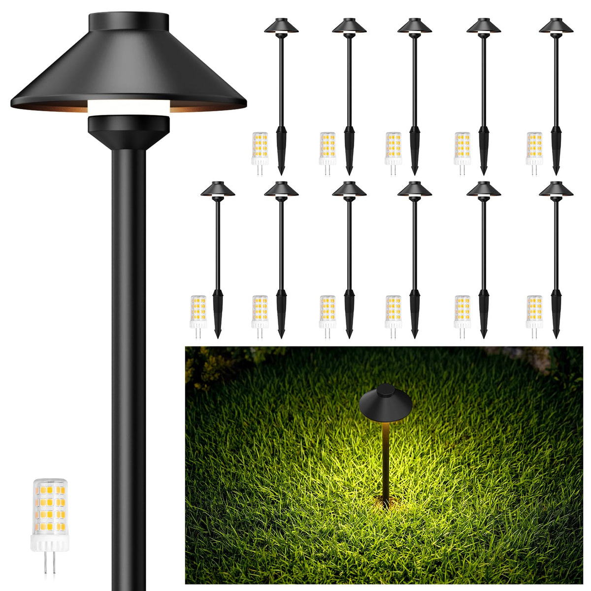 Low Voltage Landscape Pathway Lighting 12-Pack, Outdoor Wired Aluminum Path Lights with G4 4W 2700K Bulb