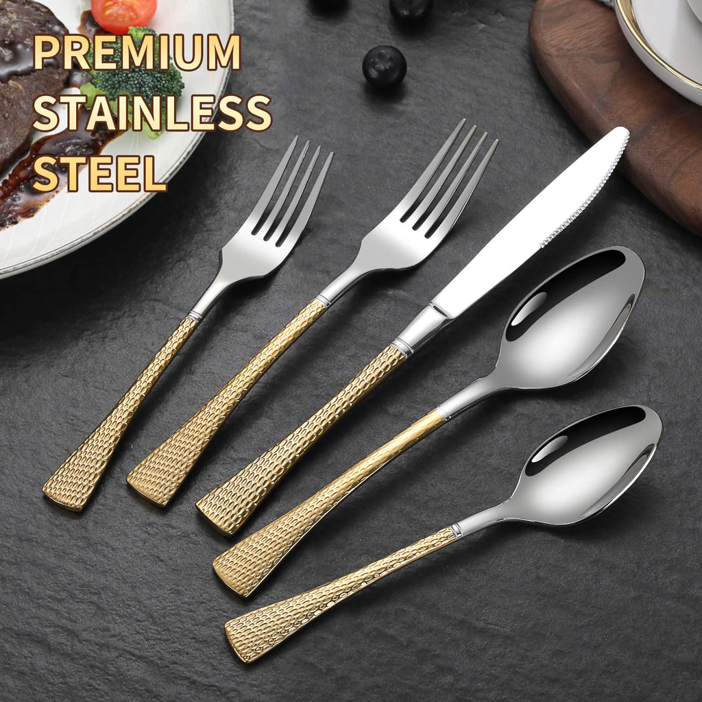 Hammered Silver Gold Silverware Set for 8,Stainless Steel 40-Piece Modern Cutlery Set,Mirror Polished Heavy Duty