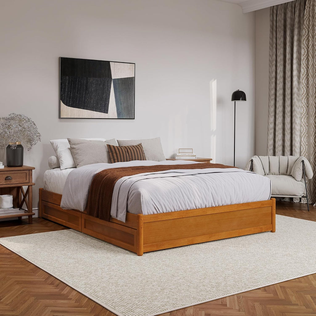 Queen Wood Panel Platform Bed with Storage Drawers, Light Toffee