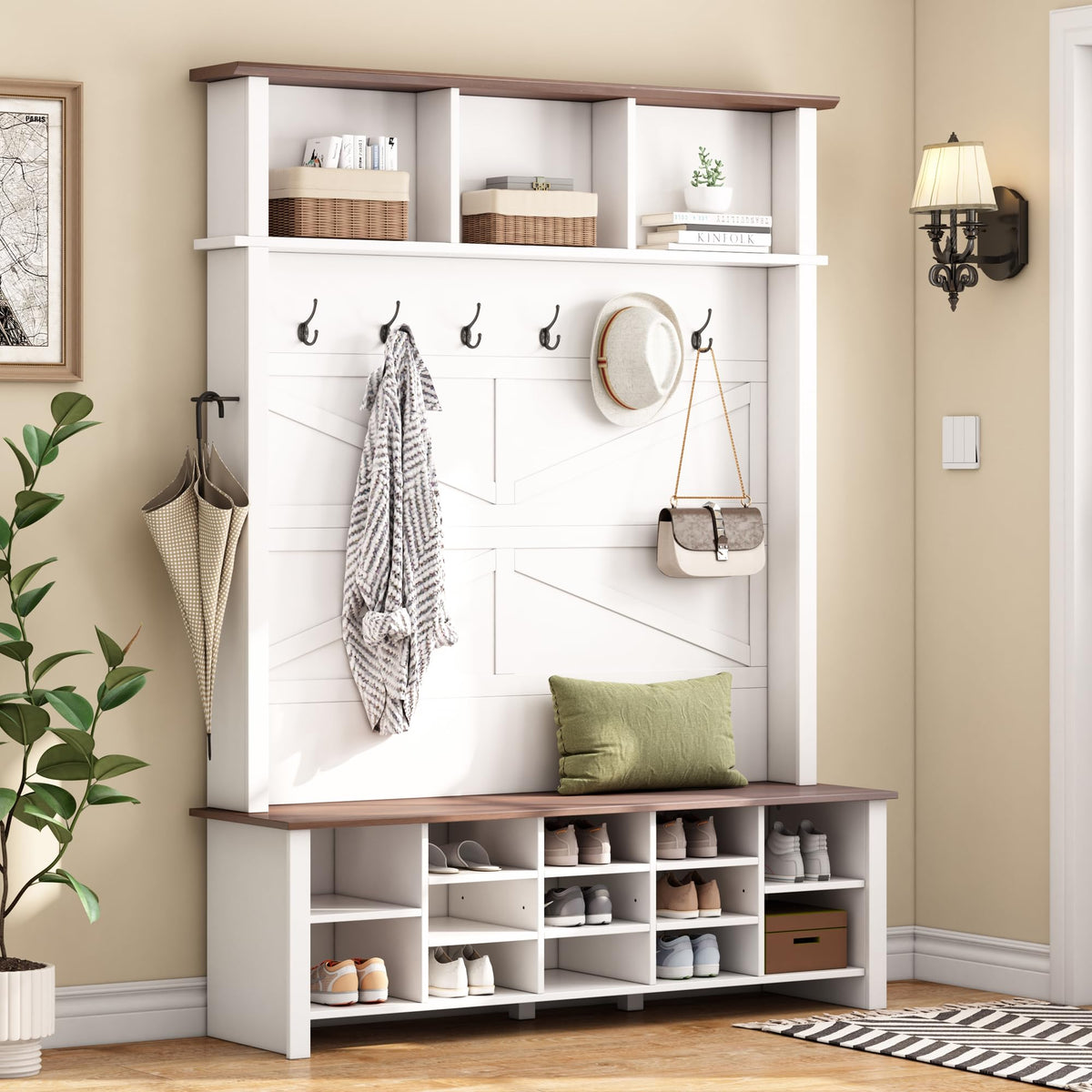 Farmhouse Wood Hall Tree with 6 Hooks and Entryway Shoe Bench, 4-in-1 Coat Rack with 16 Open Compartments &