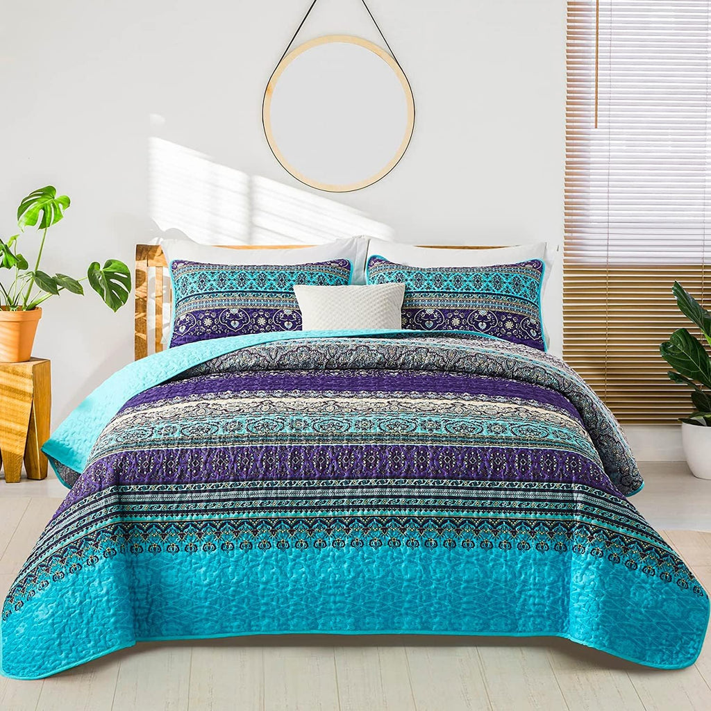 Boho King Quilt Bedding Set, 3 Pieces Soft Bedspread,Blue - Set of 3