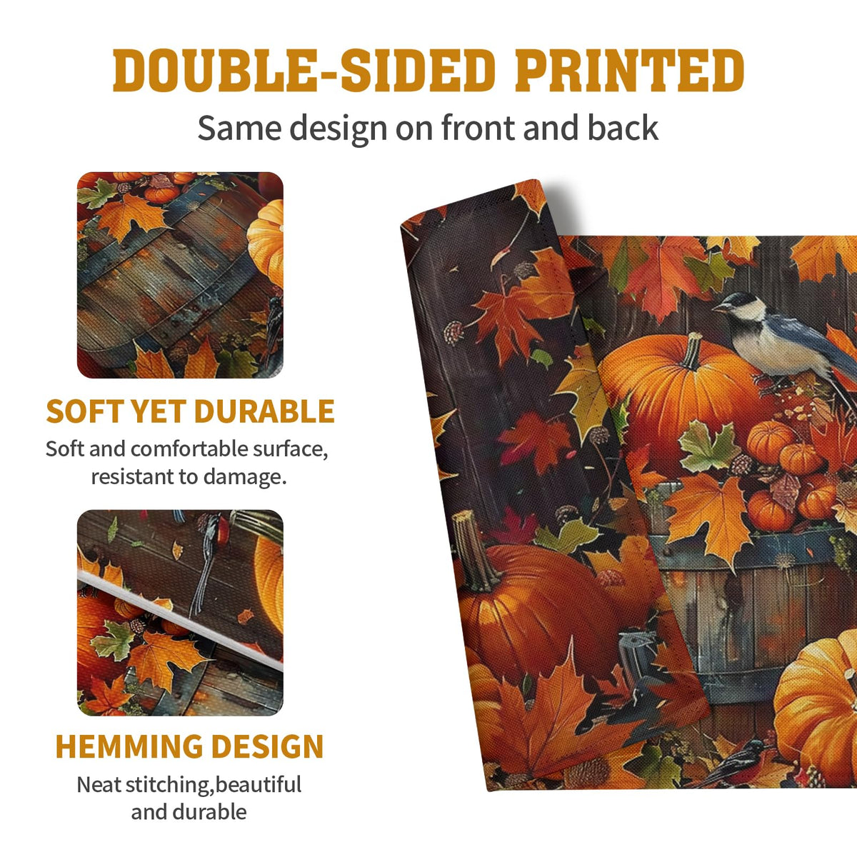 Pumpkin Maple Leaf Bird Fall Placemats Set of 4 Autumn Thanksgiving Seasonal Holiday Harvest Linen Table Mats Orange
