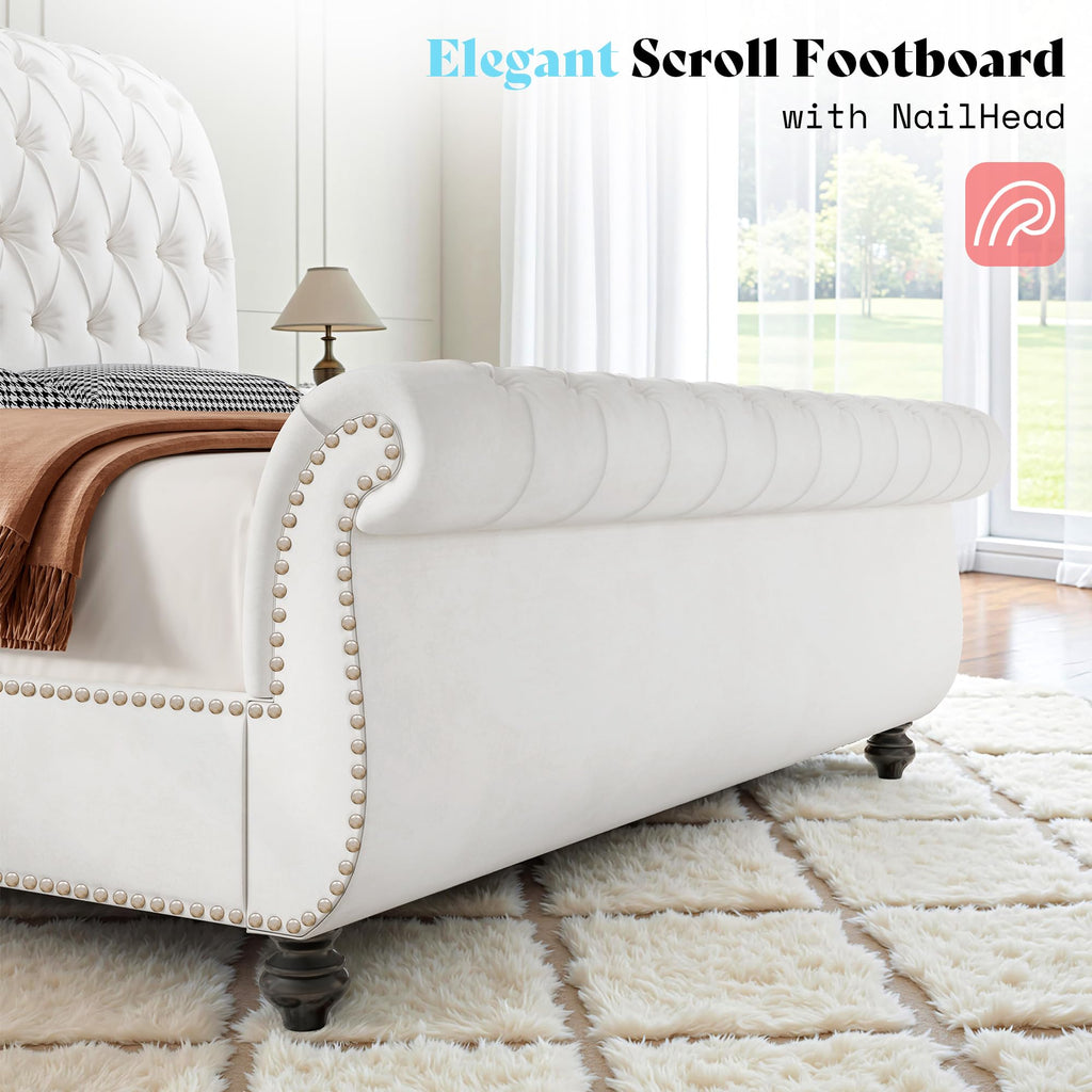 Upholstered Bed Frame Sleigh Headboard & Footboard, White