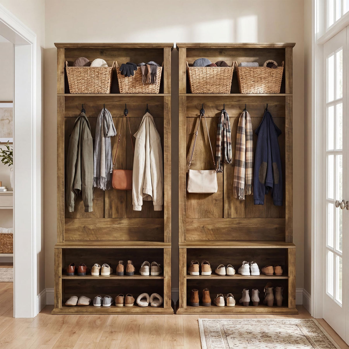 Hall Tree with Bench and Shoe Storage, 70.89" Tall Hall Tree with Coat Hooks, Open Shoe Shelves and Top Display