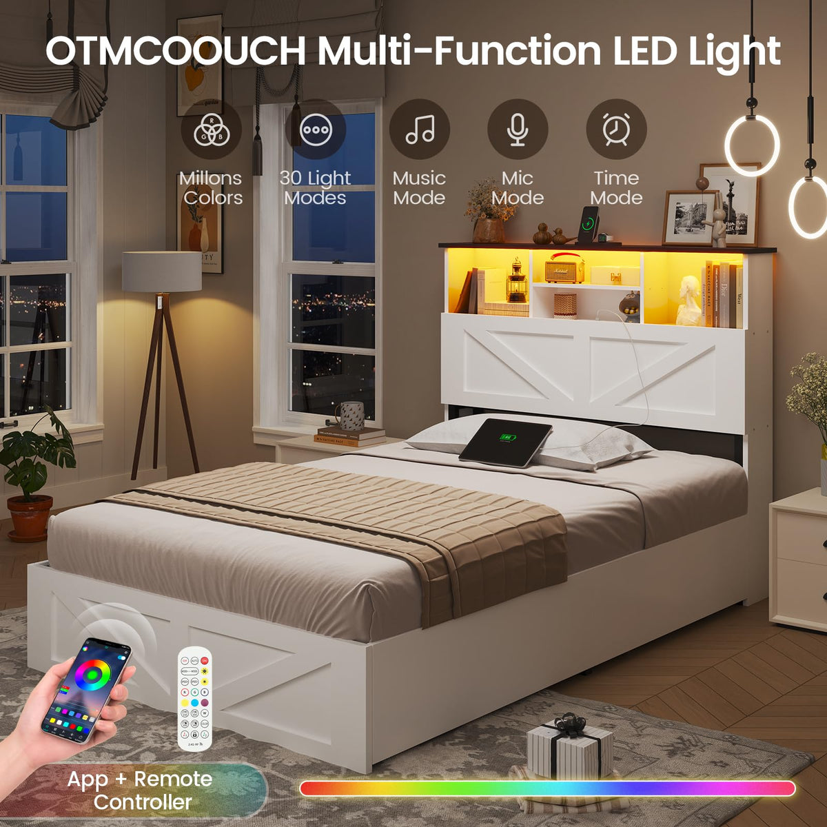 Farmhouse Twin Bed Frame with 4 Storage Drawers and Charging Station, Wooden Led Twin Bed with Storage Hidden Space