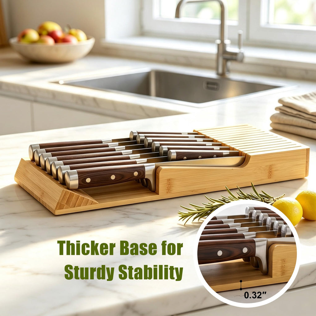 Bamboo Kitchen Drawer Knife Block, In drawer Knife Holder, Knife Drawer Organizer fit for 13 knives