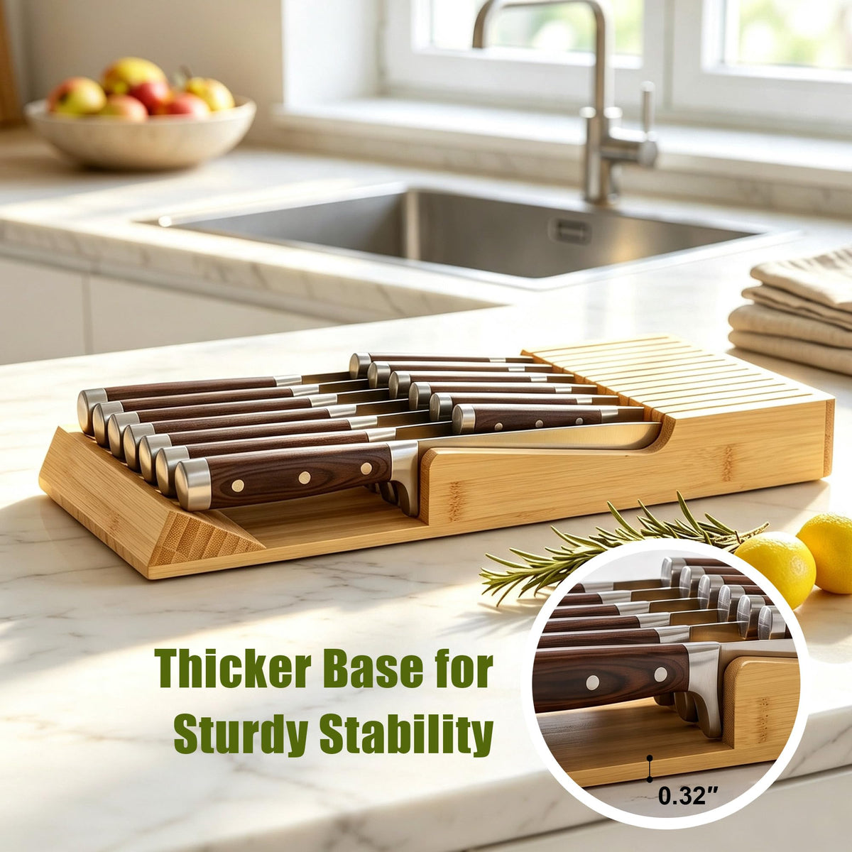 Bamboo Kitchen Drawer Knife Block, In drawer Knife Holder, Knife Drawer Organizer fit for 13 knives