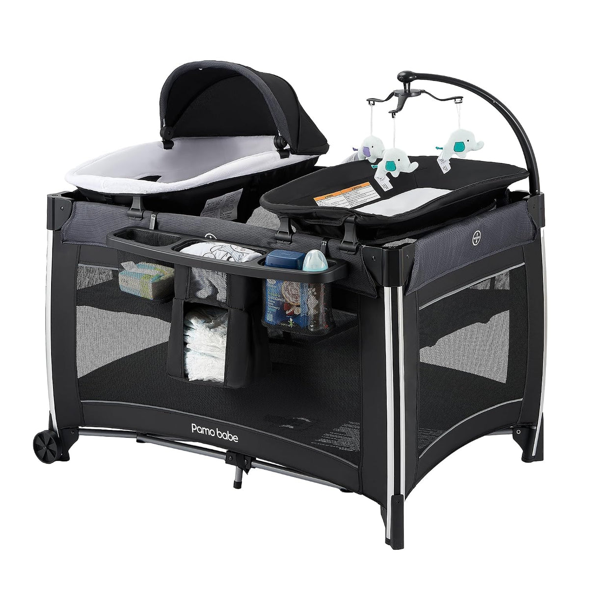 4 in 1 Baby Playards with Bassinet & Changing Table, Portable Crib Breathable Mesh and Toy Mobile