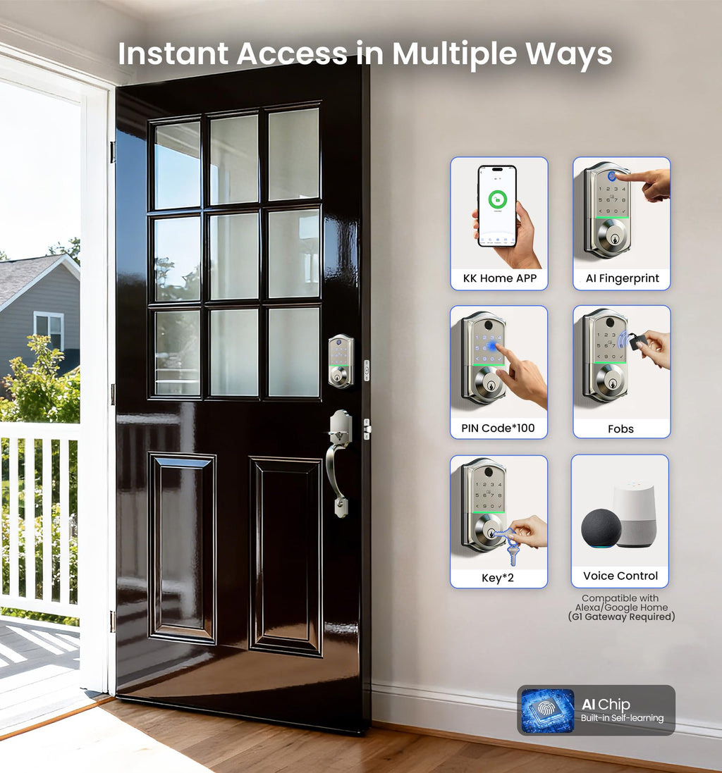8-in-1 Fingerprint Smart Front Door Lock Set, Satin Nickel