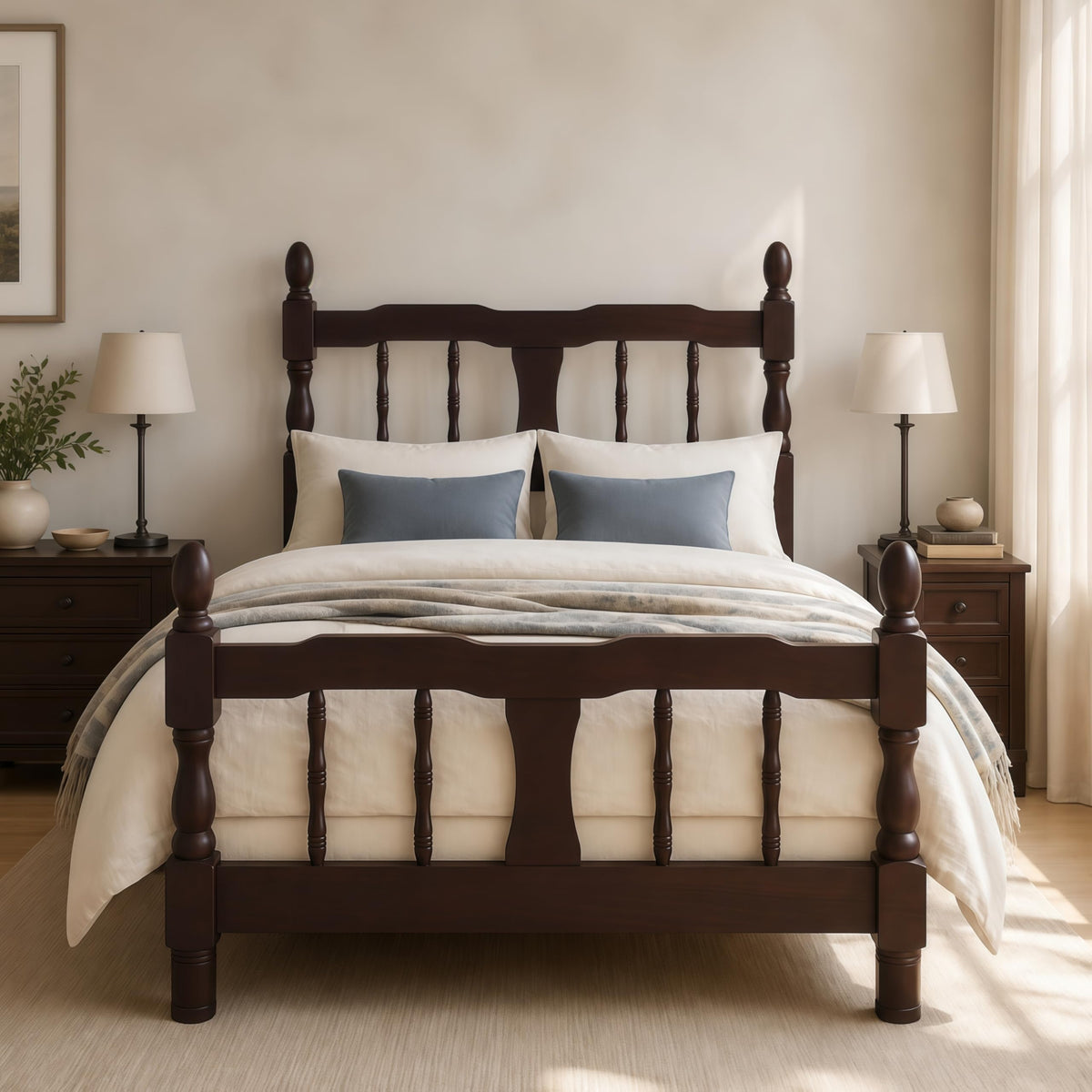 Platform Bed with Spindle Headboard & Footboard, Farmhouse Spindle Bed Frame with Wood Slat Support, No Box
