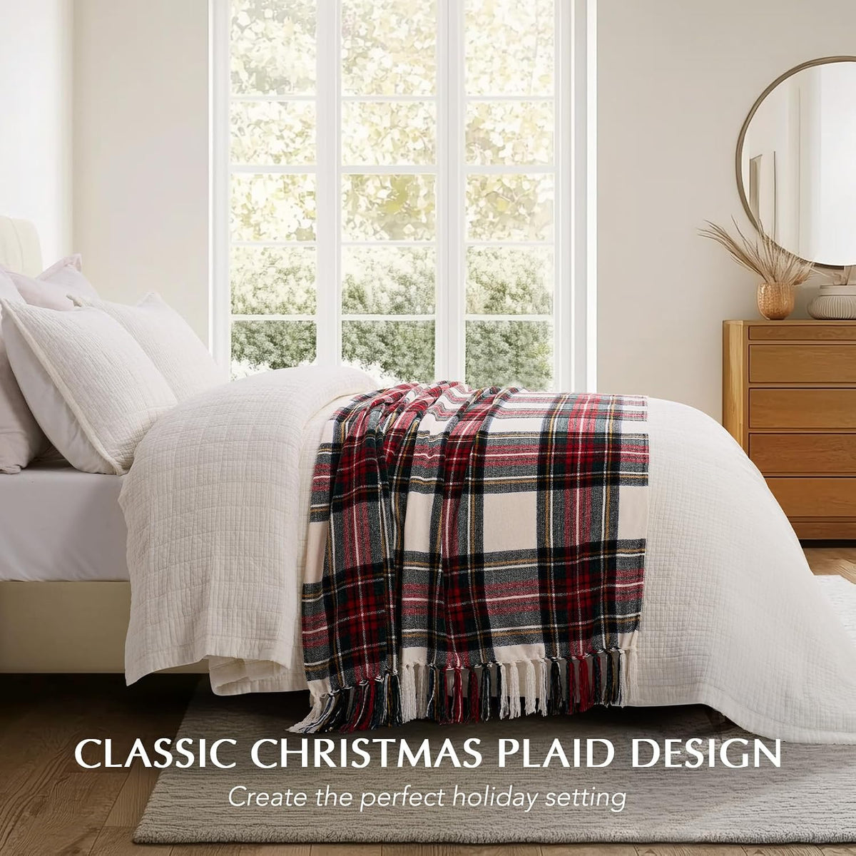 Chenille Christmas Throw Blanket, 50"x60", White Stewart Plaid
