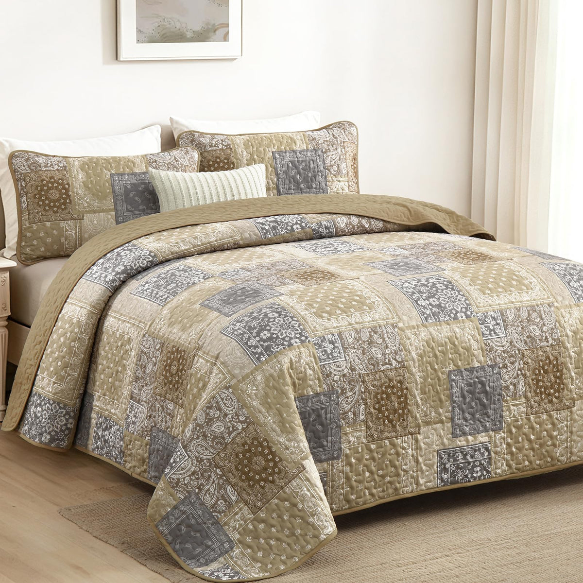 Boho Quilt Set, Beige Plaid Floral Bedspread Coverlet Set