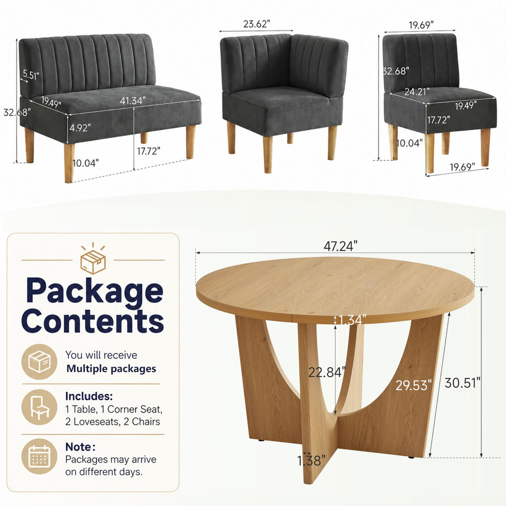 Breakfast Nook Table Set, Farmhouse 5-Piece Round Dining Table Set with Bench Seating, 47" Kitchen Nook Furniture for