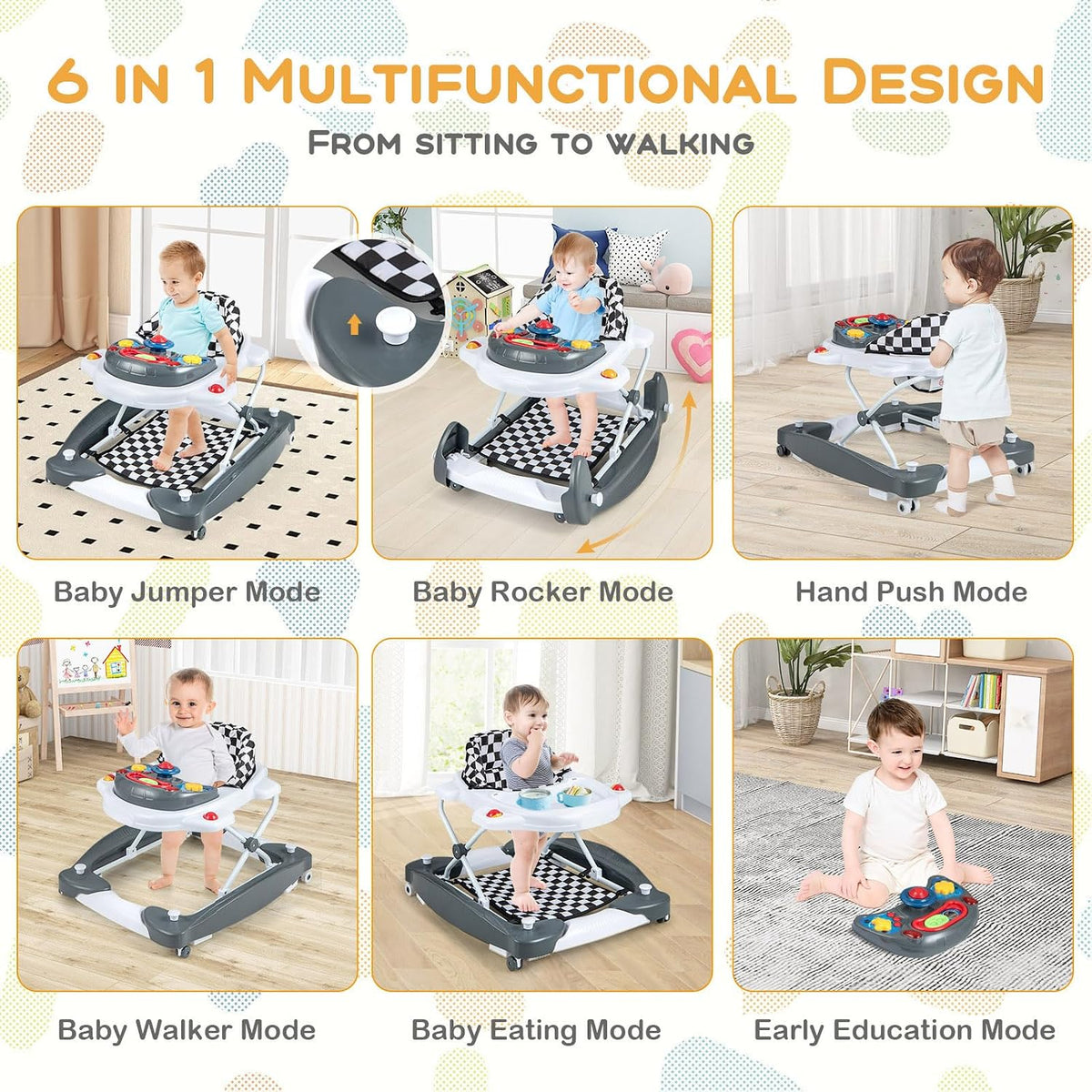In-1 Baby Walker, Foldable Baby Walker with Wheels, Adjustable Height, Music, Lights, Bouncer & Rocker Mode, Baby