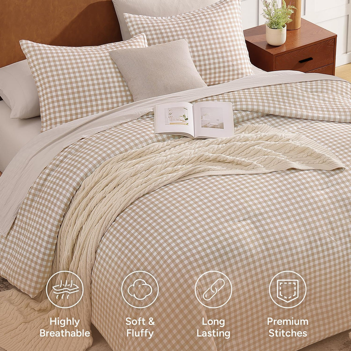 Tan Gingham Comforter Set Queen, Brown Checkered Grid Plaid Bedding - Set of 3