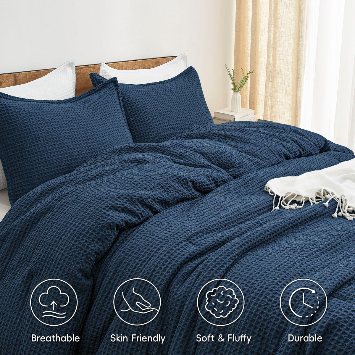 Ultra Soft Waffle Comforter Set 3 Pieces, Navy Blue