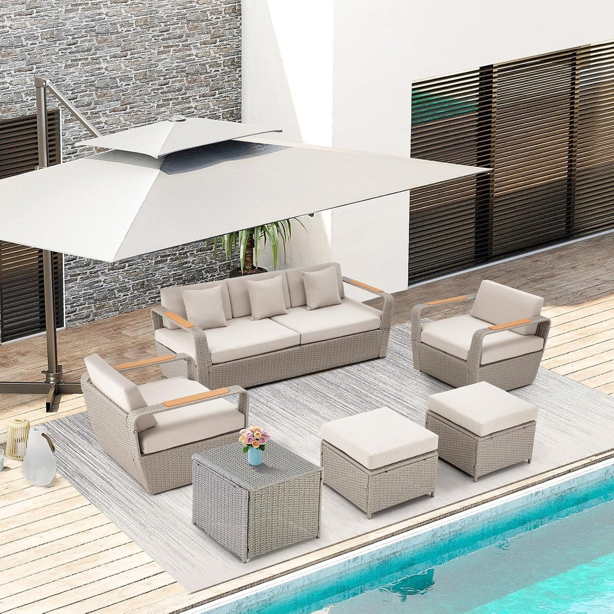 Patio Furniture Set, Oversized 7-Seat Outdoor Sectional with Ottoman and Coffee Table, Wicker Rattan Patio Sofa Set