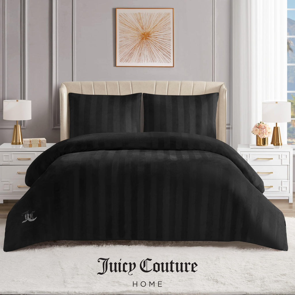 Jenny Velour Striped Jacquard Size Comforter Bedding Set Ensemble - Black 3 Piece Set