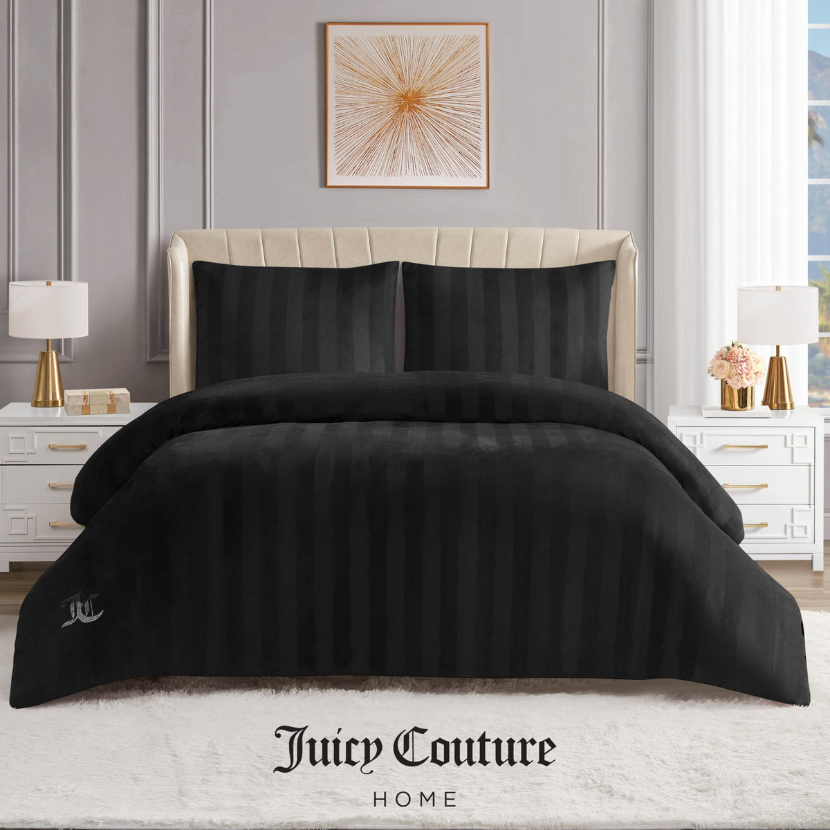 Jenny Velour Striped Jacquard Size Comforter Bedding Set Ensemble - Black 3 Piece Set