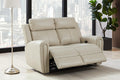 Beige Genuine Leather Power Recliner Sofa Loveseat with USB Port.