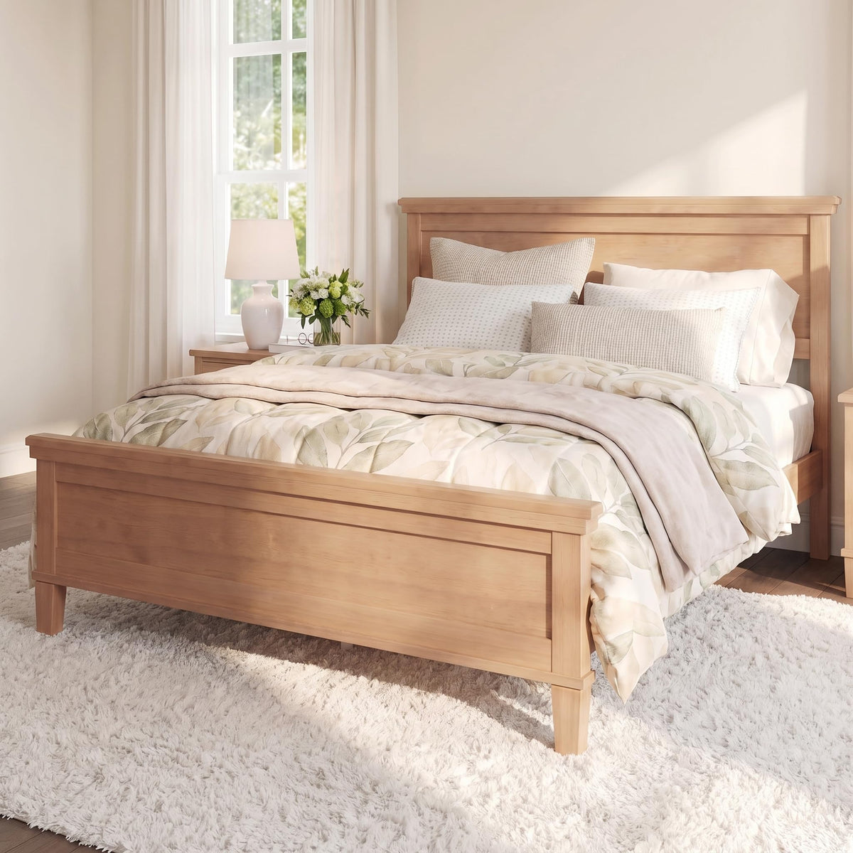 Wood Platform Bed Frame with Headboard, Farmhouse Style