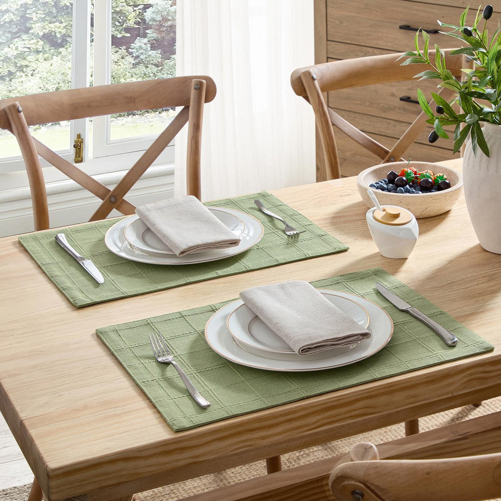 Linen Checked Farmhouse Placemats Set of 4, Sage Green 13x19in