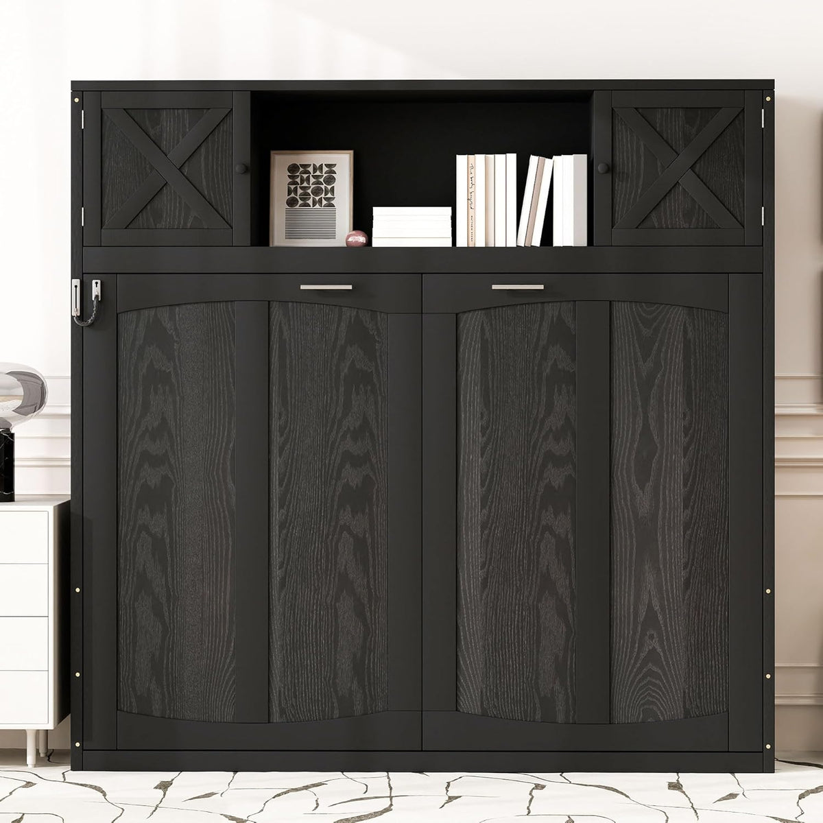 Full Horizontal Murphy Bed with Storage, Farmhouse Wooden Wall Bed with Cabinets and Bookcase, Space-Saving Foldable