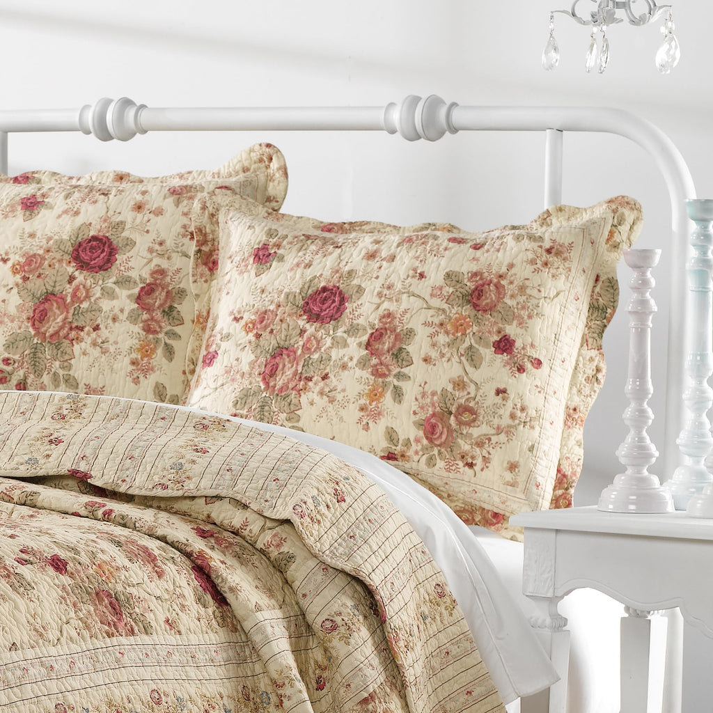 Home Antique Rose 100% Cotton Quilted Pillow Sham, 20x36-Inch, Ecru