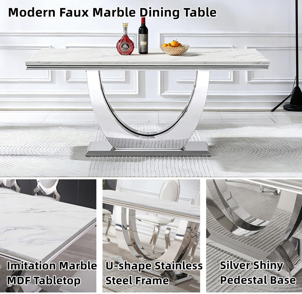Inspired Saarinen Style White Marble Dining Table Luxury Faux Marble Kitchen Table with U-Shape Mirrored Pedestal Base, 68" Rectangular White