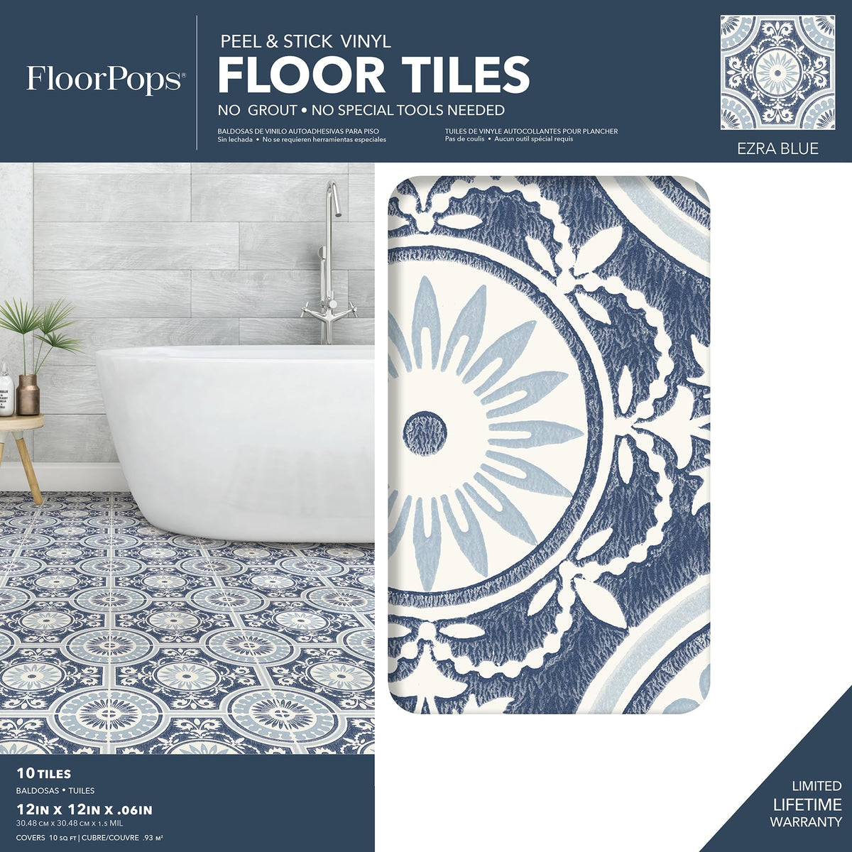 12-in by 12-in Blue Ezra Vinyl Peel & Stick Floor Tiles (10 Tiles), (10 sq.ft./Carton)