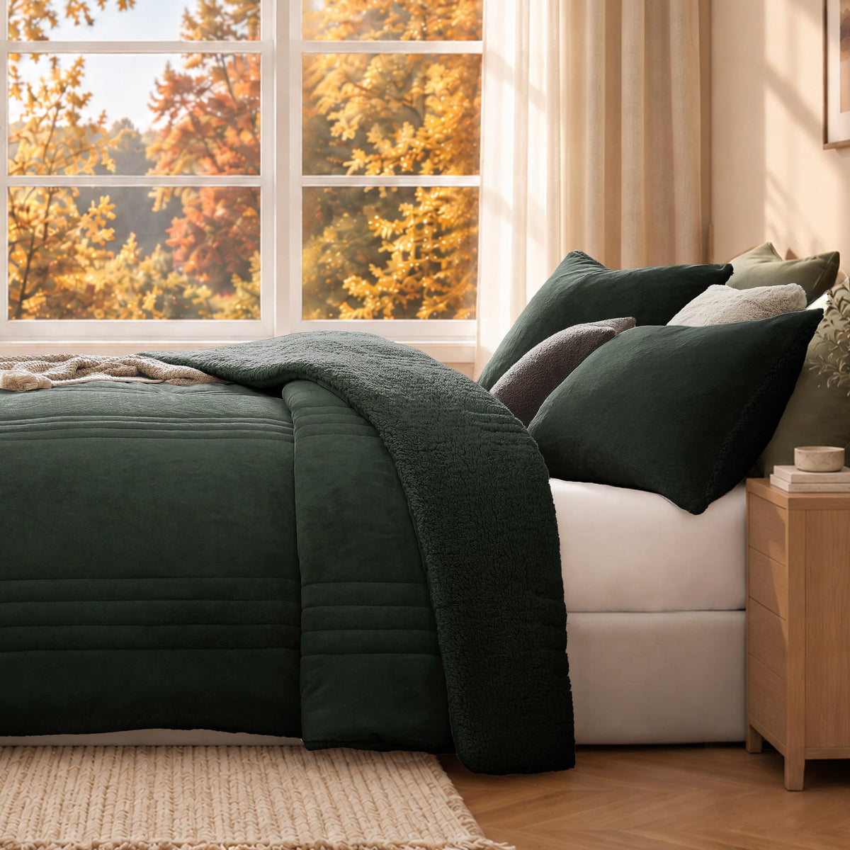 Comforter Sets Sherpa Fuzzy Bedding 3 Pieces, Deep Forest