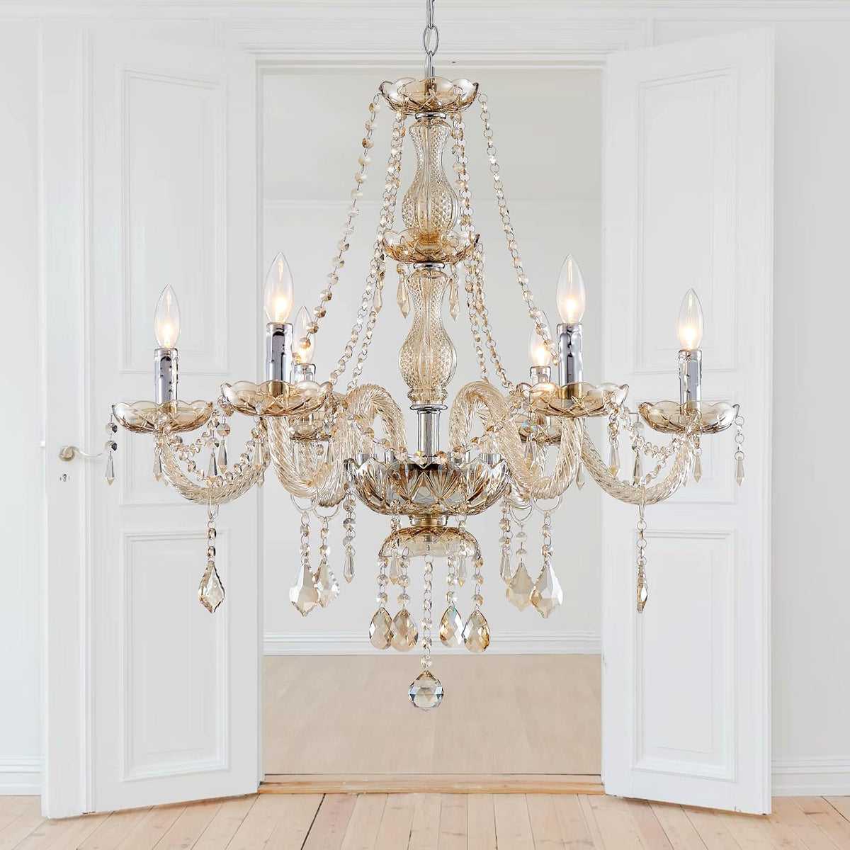Six-Light Modern K9 Crystal Chandelier with Clear Beaded Garlands