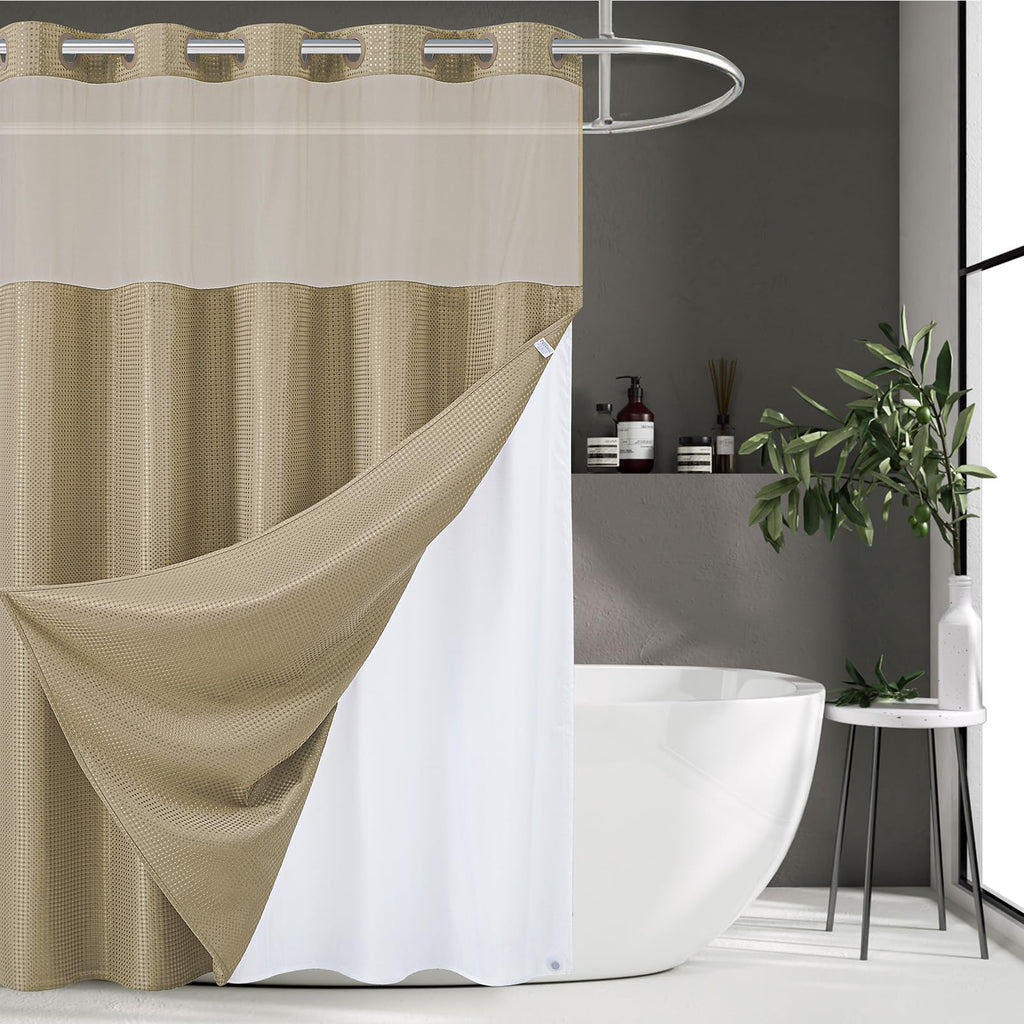 Narrow Boho No Hook Shower Curtain with Snap in Liner Beige 36x72