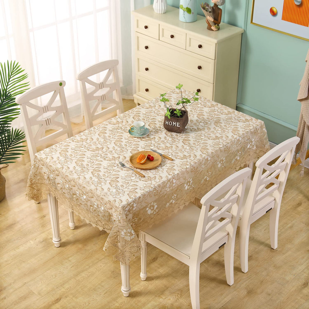 Lace Tablecloth Embroidery with Tassel - Shabby Chic Vinyl Rectangle Table Cloth for 6 Foot Tables Floral Tablecloth