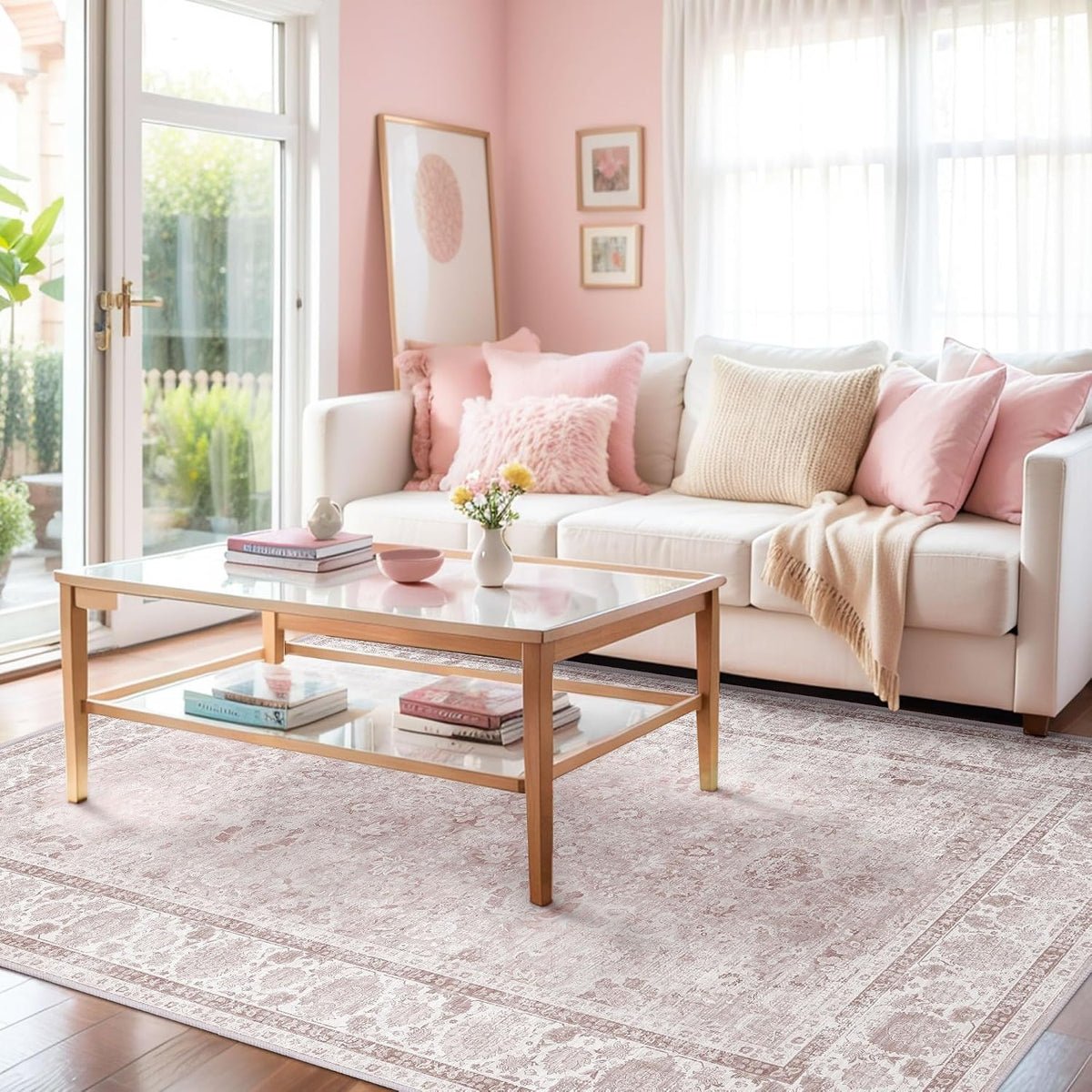 Light Pink Rugs Nursery Rug Vintage Aesthetic Cute Boho Floral Washable Area Rug Indoor Carpet for Kids Room