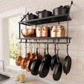 Kitchen Pot Rack - Mounted Hanging Rack Storage and Organization - Matte Black 2-Tier Wall Shelf with Guard