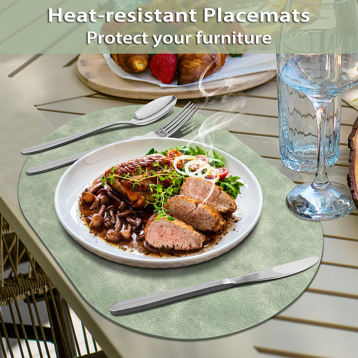 Oval Placemats Set of 12, Wipeable Faux Leather, Green