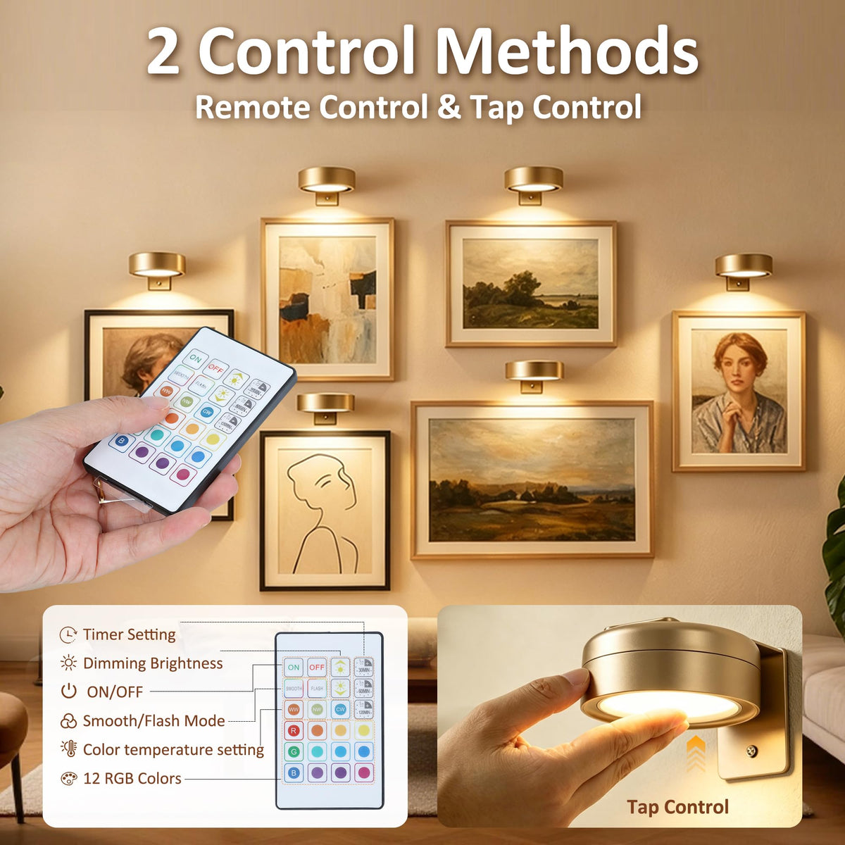 6 Pack Picture Lights for Wall, Rechargeable Magnetic Art Display Lights