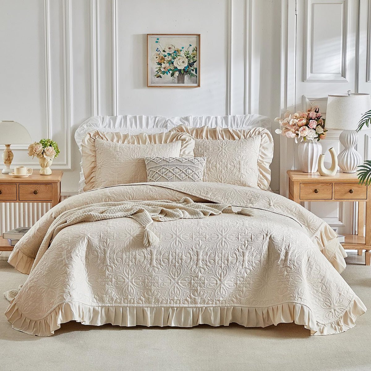 Ruffles Quilt Set 96 * 96in - 3 Pieces Solid Shabby Chic Farmhouse Ruffled Bedding Rustic Coverlet