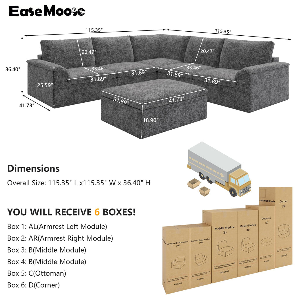 115" Modular Sectional Sofa, Boneless Couches