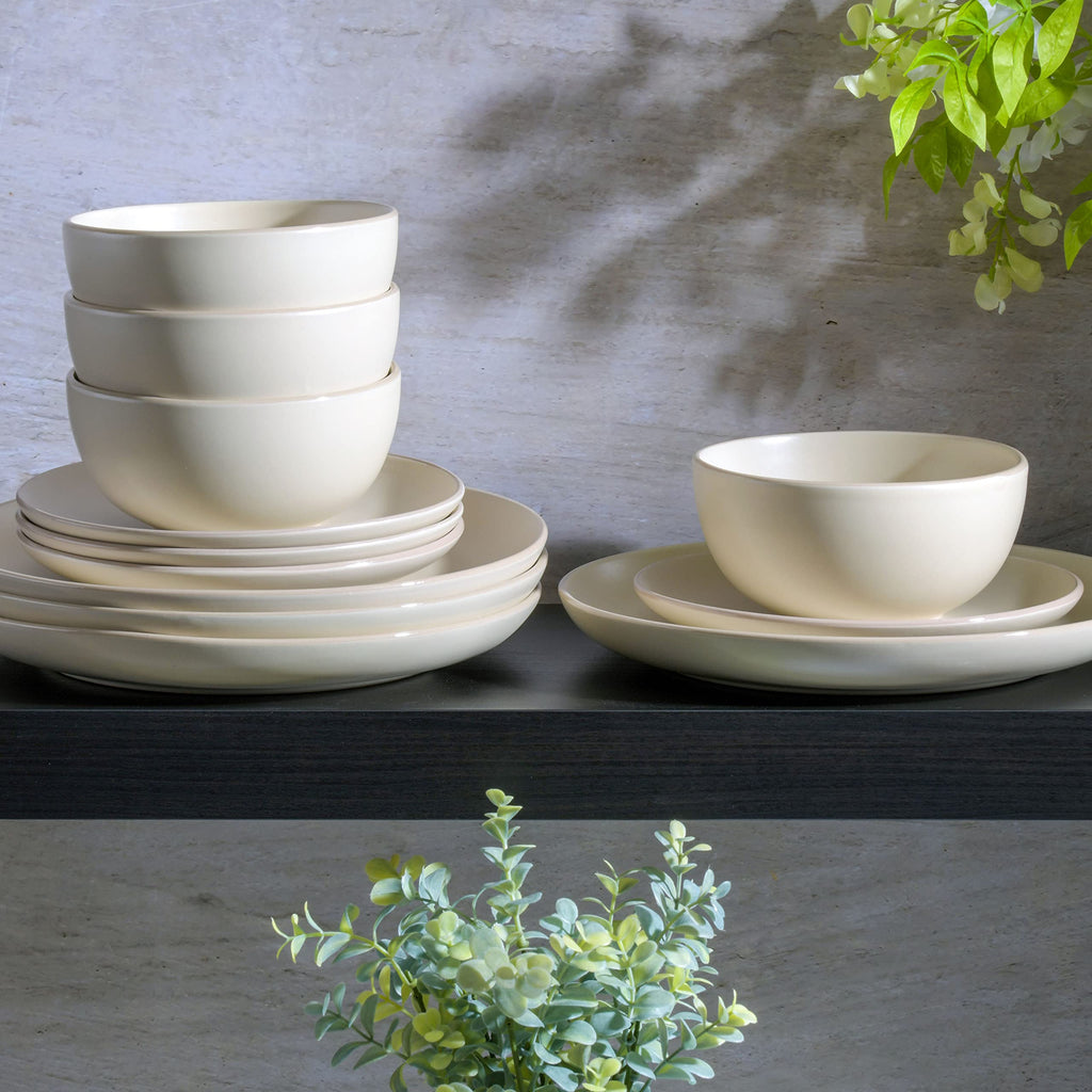 Rockaway 12-Piece Round Stoneware Dinnerware Set, Service for 4 - Cream Plates and Bowls, Modern Matte Finish