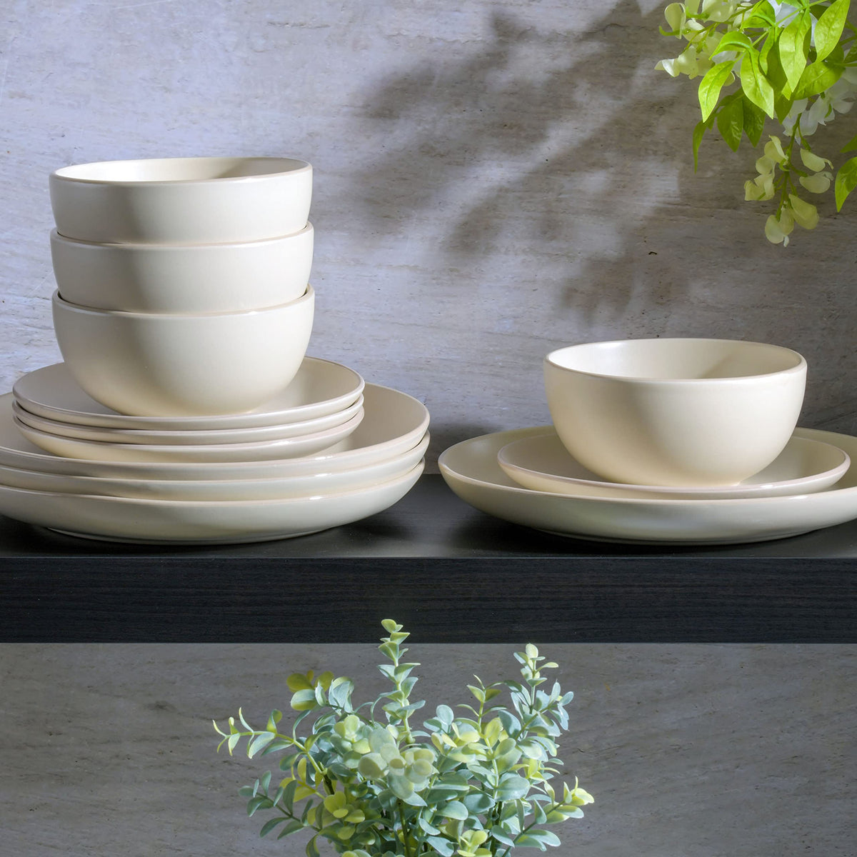 Rockaway 12-Piece Round Stoneware Dinnerware Set, Service for 4 - Cream Plates and Bowls, Modern Matte Finish