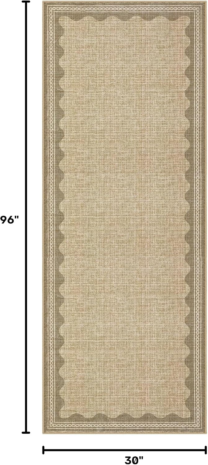 Runner Rug Washable Kitchen Rugs Non Slip Solid Tan Jute Digital Printing Modern Soft Low-Pile Scalloped Indoor