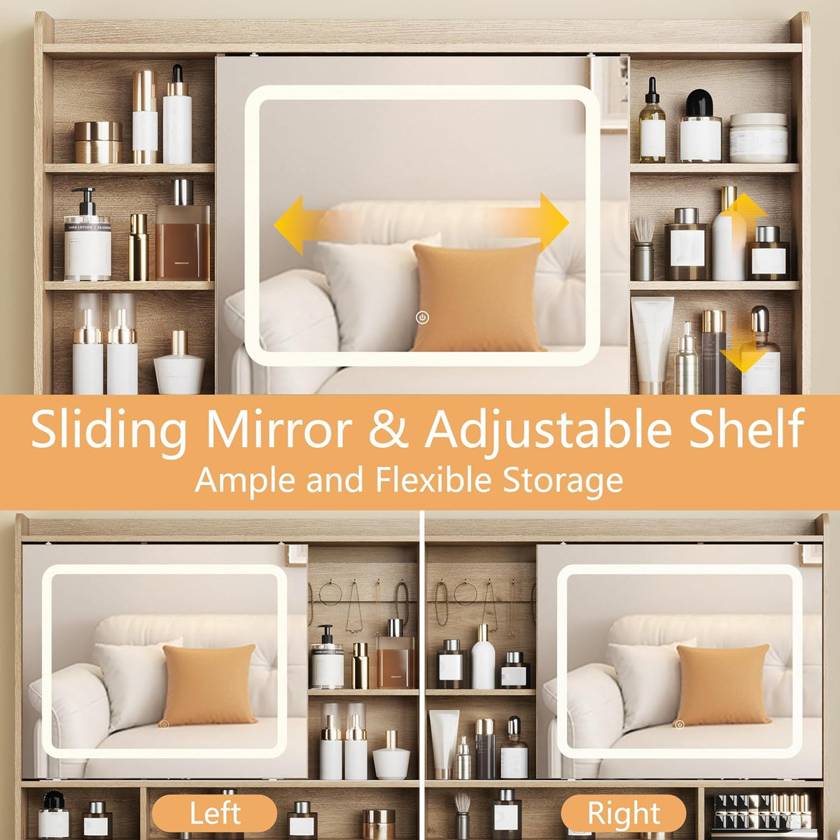 Makeup Vanity Desk with Mirror, Fluted Vanity with 5 Drawers and 2 Cabinets & Open Shelves and Power Outlet & Sliding