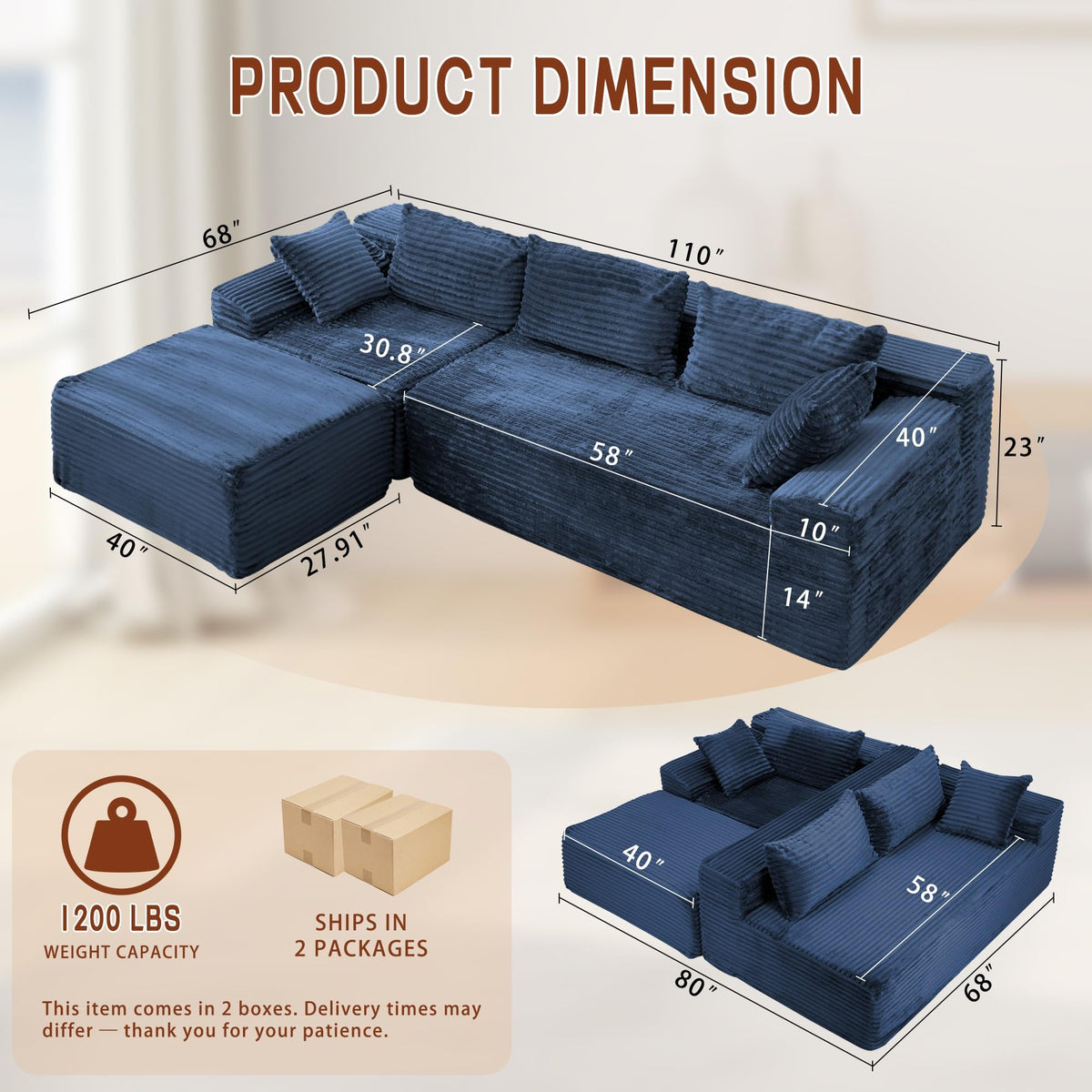 110" L-Shaped Modular Sectional Sofa with Chaise, Boneless Comfy Corduroy Fluffy Couch with Deep Seat and Side